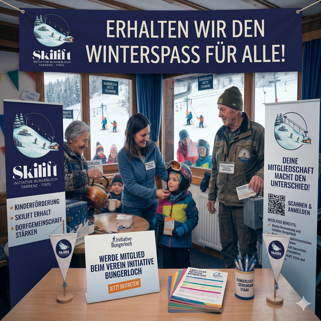 Menschen sitzen zusammen und planen Projekte für den Skilift