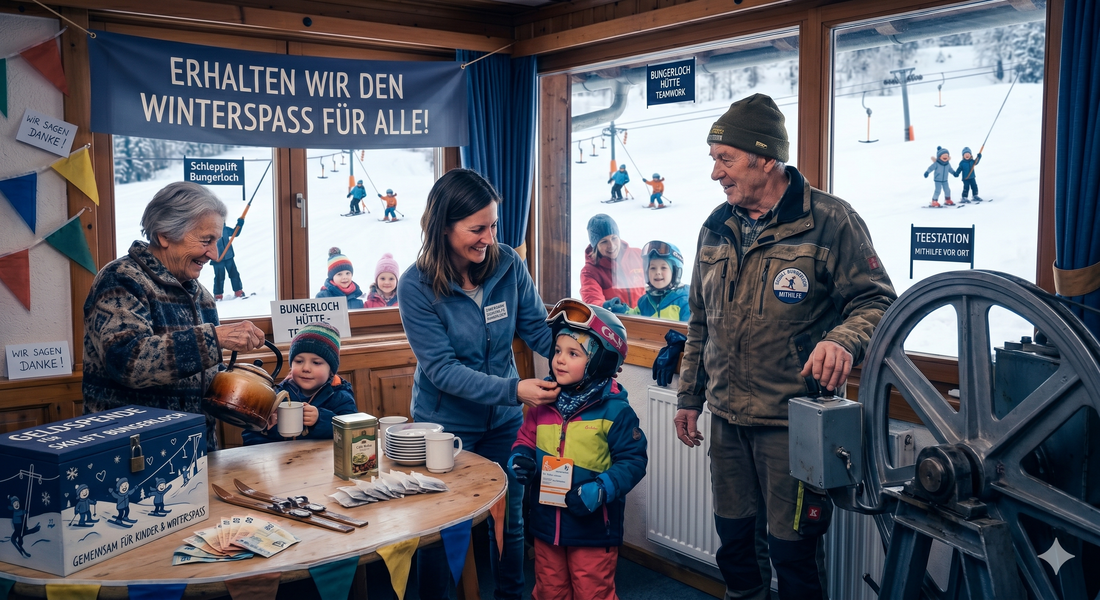 Freiwillige arbeiten gemeinsam im Schnee an der Piste